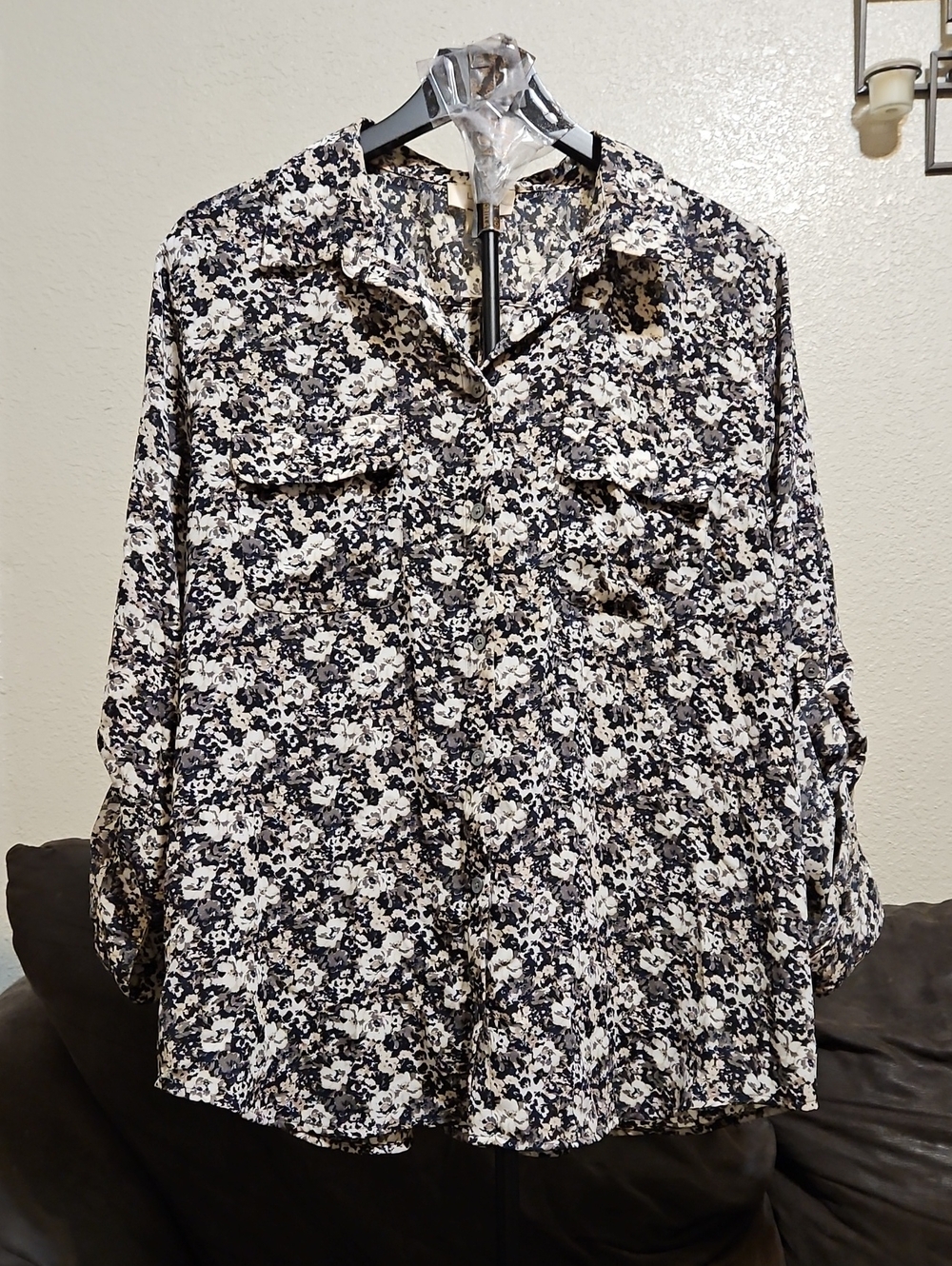 LOFT Black and Cream Floral Button-Front Blouse
